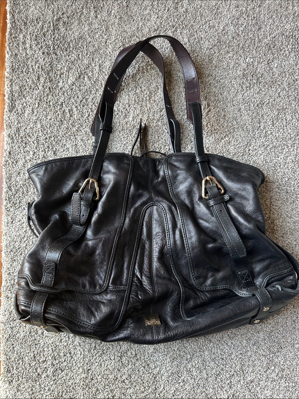 Kooba Black Leather Shoulder Tote with Buckle Straps